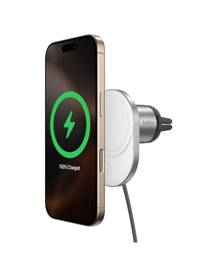 Belkin MagSafe-Compatible Wireless Car Charger with 15W Fast Charging, Powerful Magnetic Vent Holder for iPhone 16, 15, 14, 13, and 12 Series