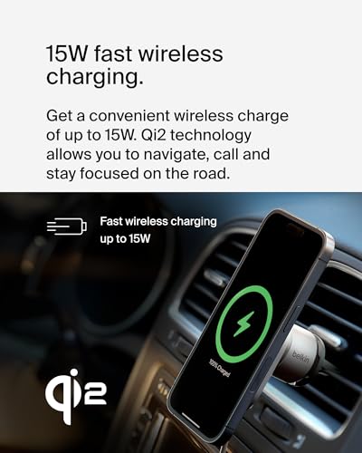 Belkin MagSafe-Compatible Wireless Car Charger with 15W Fast Charging, Powerful Magnetic Vent Holder for iPhone 16, 15, 14, 13, and 12 Series