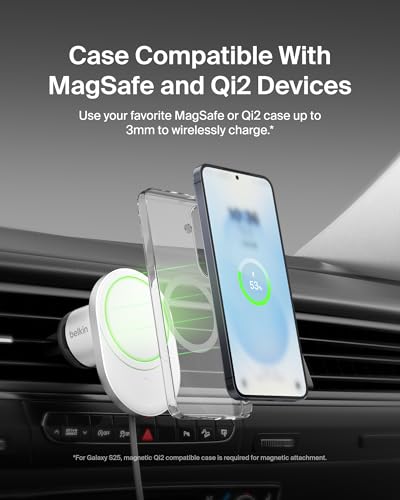 Belkin MagSafe-Compatible Wireless Car Charger with 15W Fast Charging, Powerful Magnetic Vent Holder for iPhone 16, 15, 14, 13, and 12 Series
