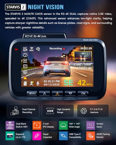 ROVE R2-4K Dual Dash Cam Front and Rear, STARVIS 2 Sensor, Free 128GB Card
