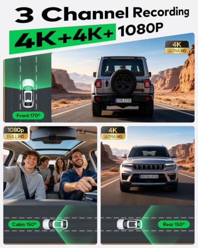 4K+4K+1080P 3 Channel Dash Cam, Free 128GB Card, AProX HD Night Vision