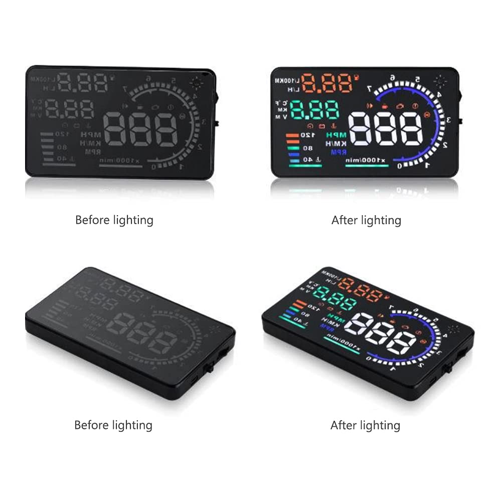 5.5'' HUD Head Display Multi-Color Windshield Screen Projector Vehicle Speed, Vehicle Hud Overspeed Alarm, Display Km/h MPH, OBDII/EUOBD Interface Plug Hud Display Car
