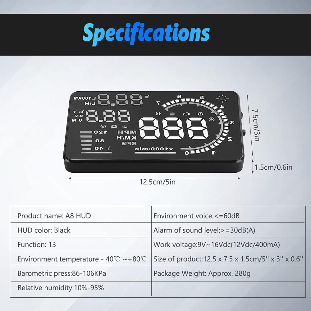5.5'' HUD Head Display Multi-Color Windshield Screen Projector Vehicle Speed, Vehicle Hud Overspeed Alarm, Display Km/h MPH, OBDII/EUOBD Interface Plug Hud Display Car