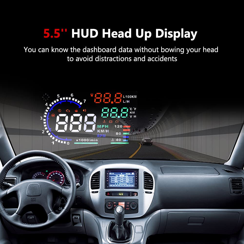 5.5'' HUD Head Display Multi-Color Windshield Screen Projector Vehicle Speed, Vehicle Hud Overspeed Alarm, Display Km/h MPH, OBDII/EUOBD Interface Plug Hud Display Car