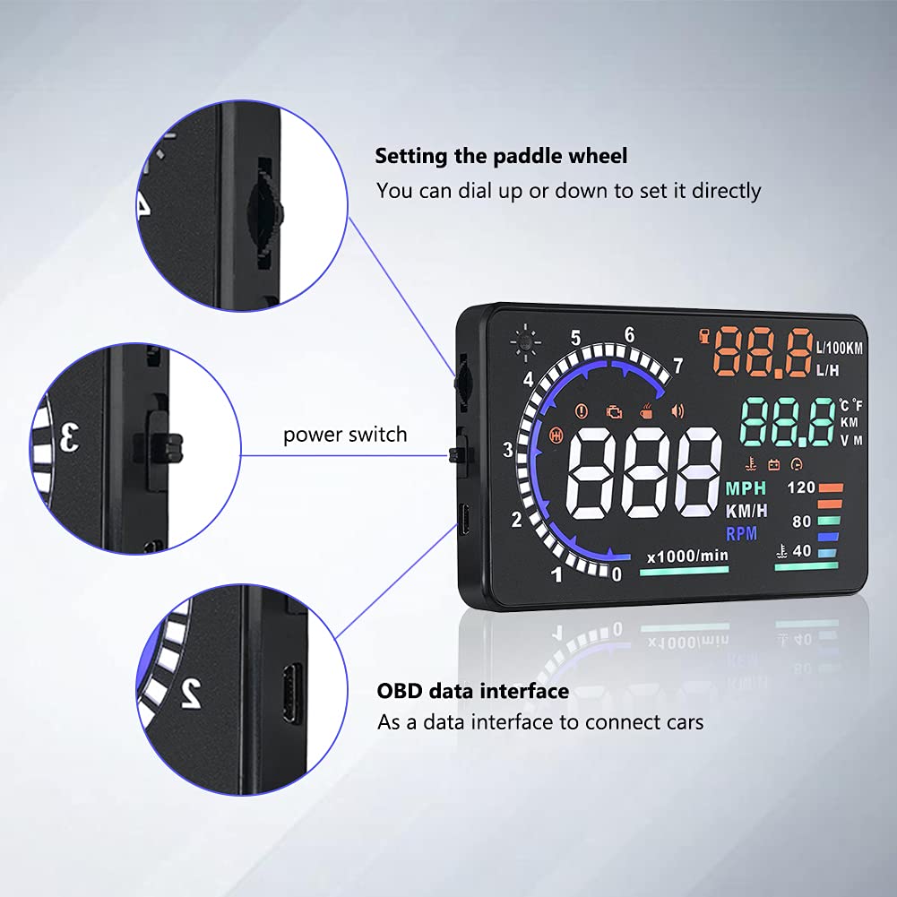 5.5'' HUD Head Display Multi-Color Windshield Screen Projector Vehicle Speed, Vehicle Hud Overspeed Alarm, Display Km/h MPH, OBDII/EUOBD Interface Plug Hud Display Car