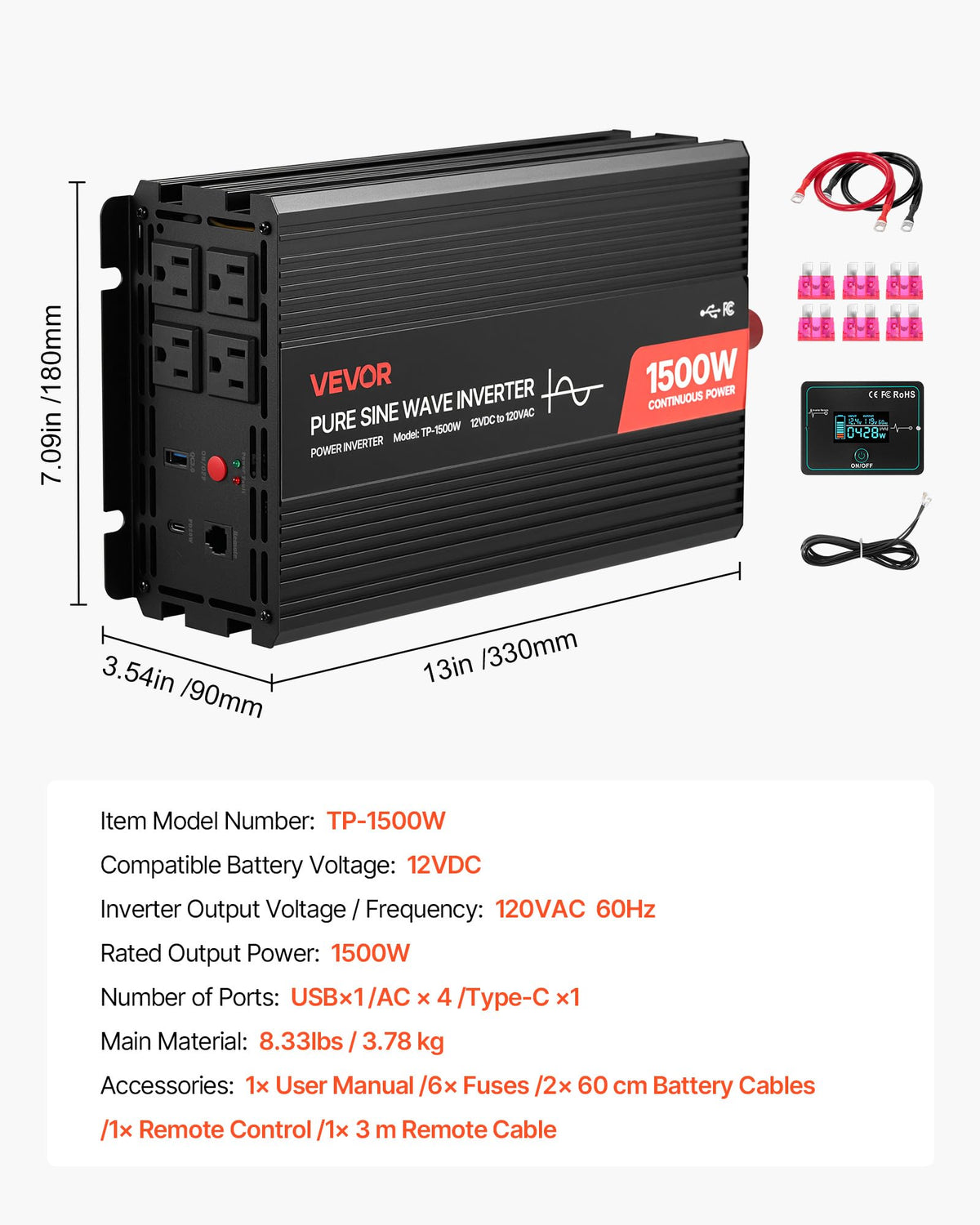 VEVOR Pure Sine Wave Inverter, 1000W 1500W 2000W 2500W 3000W 3500W 4000W 5000W, DC 12V to AC 120V Power Inverter, with Remote Controller, for RV Truck Car Solar System Travel Camping