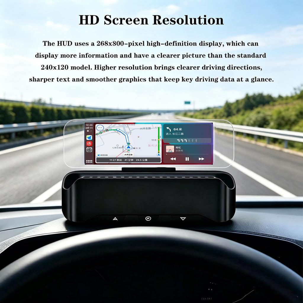 Upgraded HUD Head-up Display. High-Definition Display, Wireless CarPlay and Android Auto, Diagnostic Functions, Speed‑Alert Feature, Plug‑and‑Play Navigation System, and OBD Vehicle Instrument Panel.