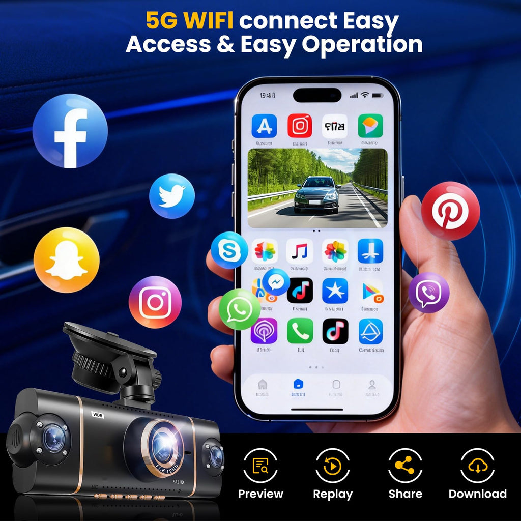 4 Channel Dash Cam 360° View Front Rear Inside & Left Right,4K+1080P*3 FHD Car Camera,5 GHz WiFi & APP Control,8 IR Lamps Night Vision, G-Sensor, 24H Parking Mode, Includes 64GB SD Card.
