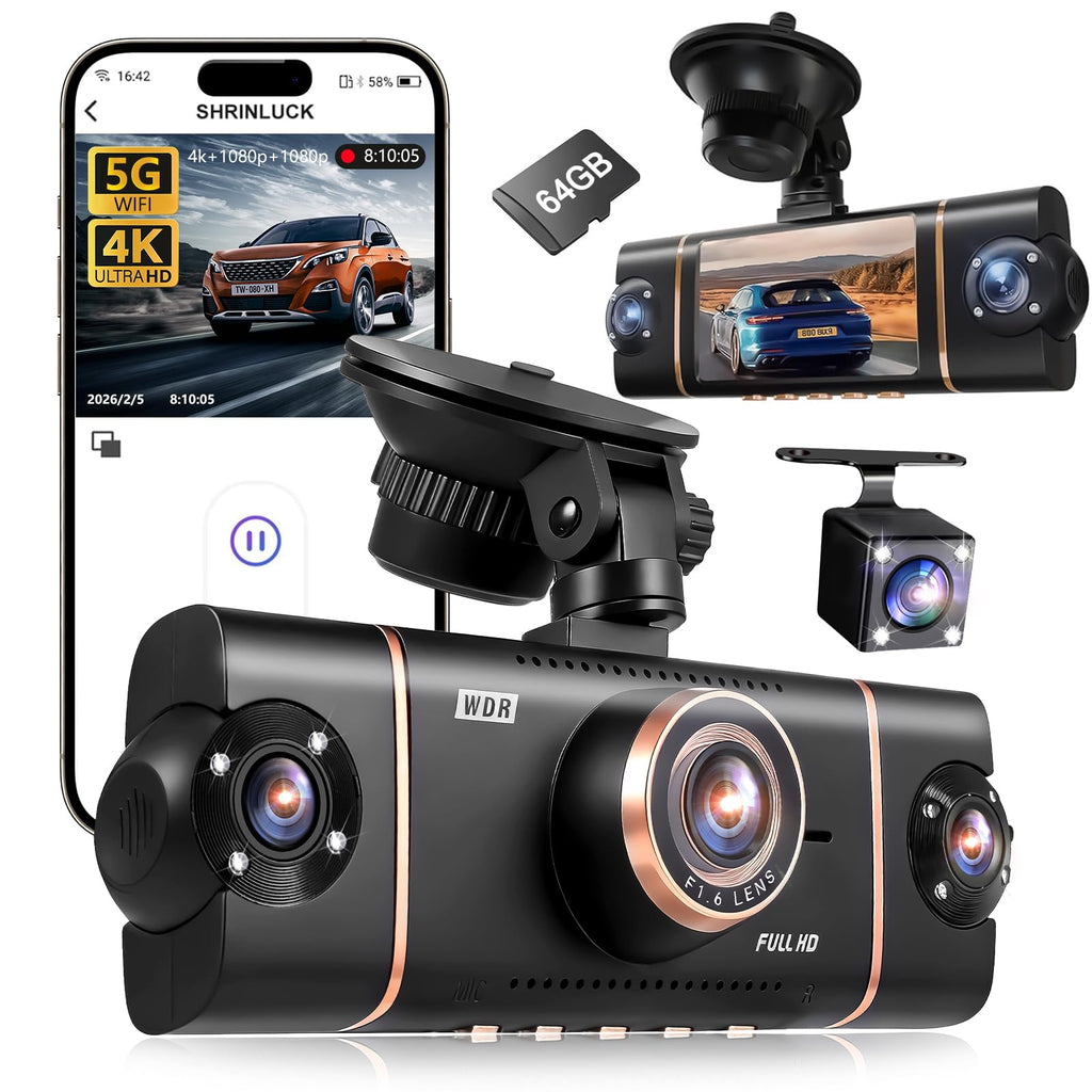 4 Channel Dash Cam 360° View Front Rear Inside & Left Right,4K+1080P*3 FHD Car Camera,5 GHz WiFi & APP Control,8 IR Lamps Night Vision, G-Sensor, 24H Parking Mode, Includes 64GB SD Card.