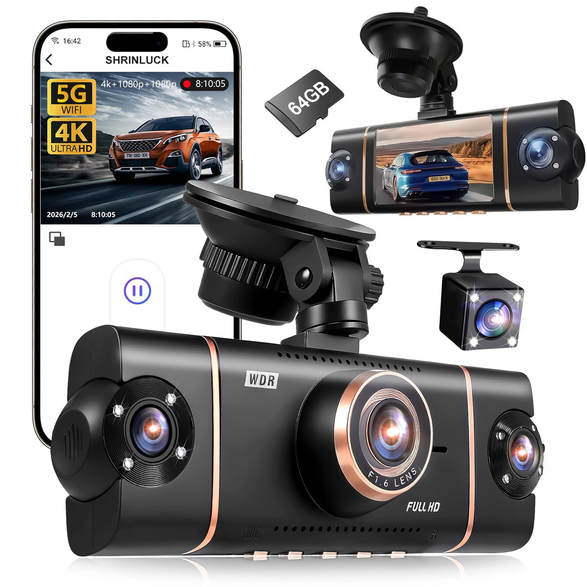 4 Channel Dash Cam 360° View Front Rear Inside & Left Right,4K+1080P*3 FHD Car Camera,5 GHz WiFi & APP Control,8 IR Lamps Night Vision, G-Sensor, 24H Parking Mode, Includes 64GB SD Card.