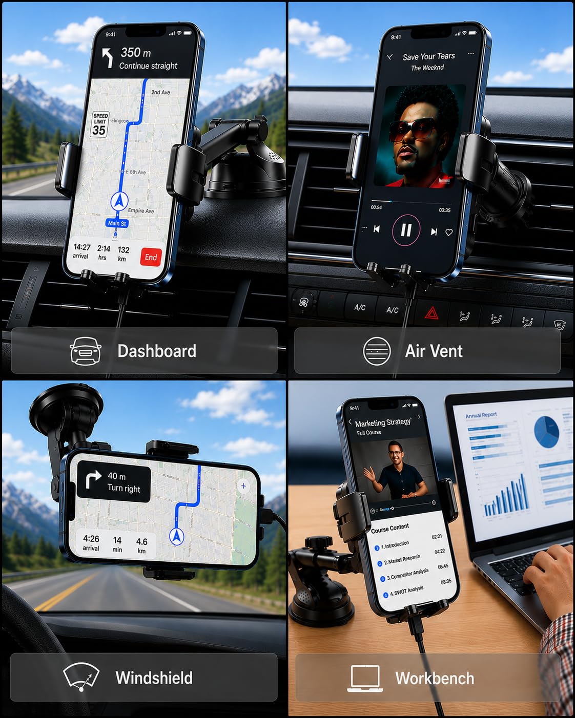 HTU Upgraded 15W Fast Charging Auto-Clamping Wireless Car Charger Mount