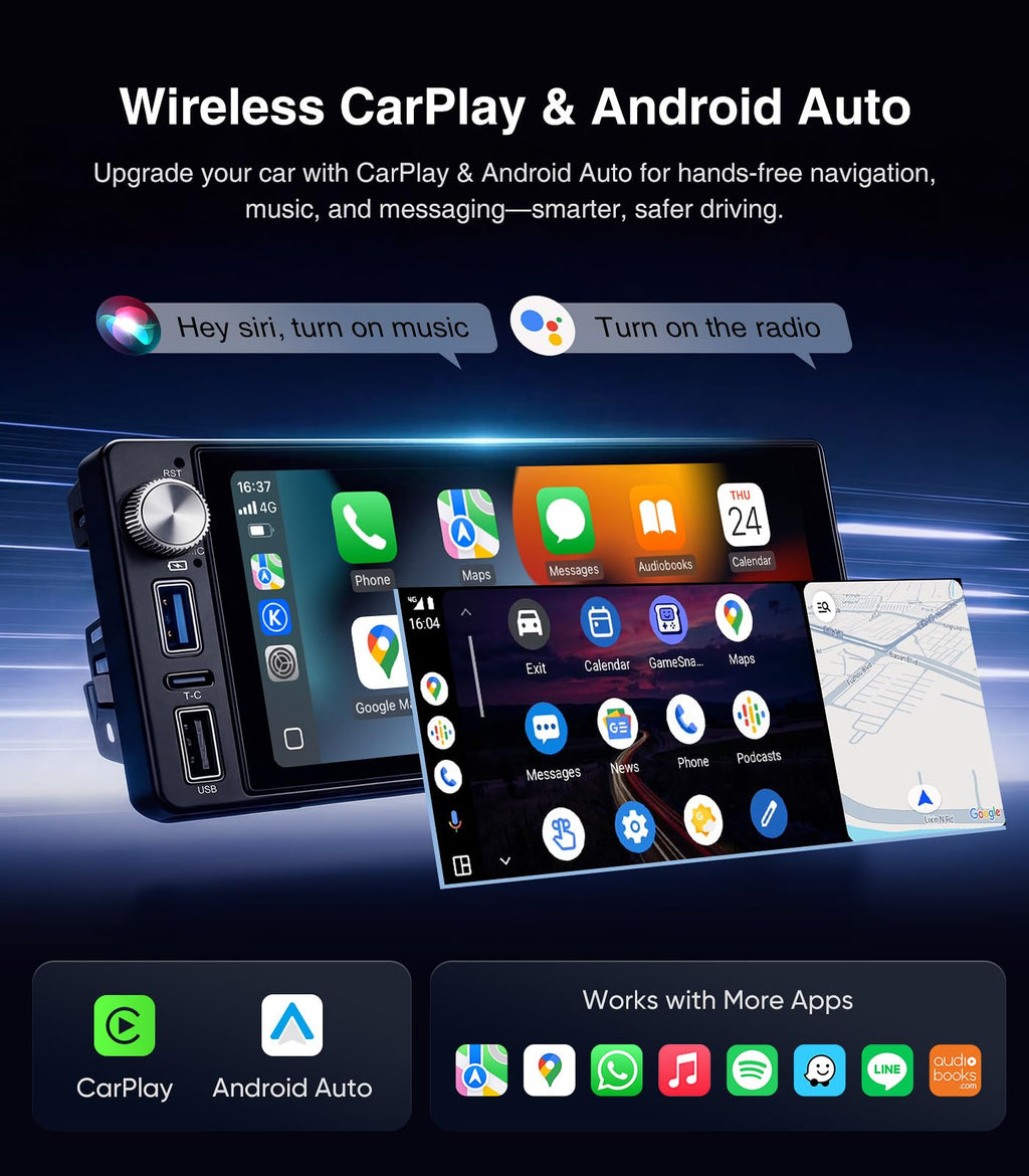 Single Din Car Stereo Radio with Wireless Carplay Android Auto, 6.9" 1080P HD Touchscreen Linux Head Unit