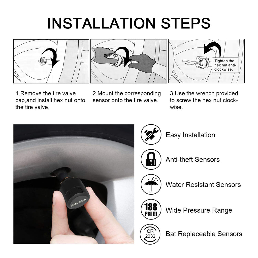 VESAFE TPMS, Wireless Tire Pressure Monitoring System for RV, Trailer, Coach, Motor Home, Fifth Wheel