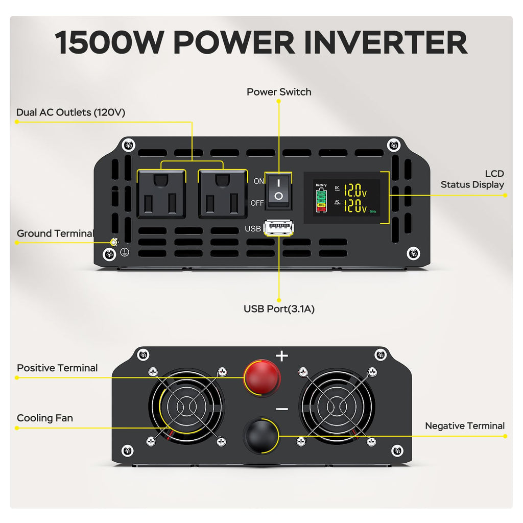 Power Inverter 12V DC to 110V/120V AC Converter Car Inverter with LCD Display, 2 AC Outlets, 3.1A USB Port for RV, Camping,Truck, Boat, Off-Grid Solar System