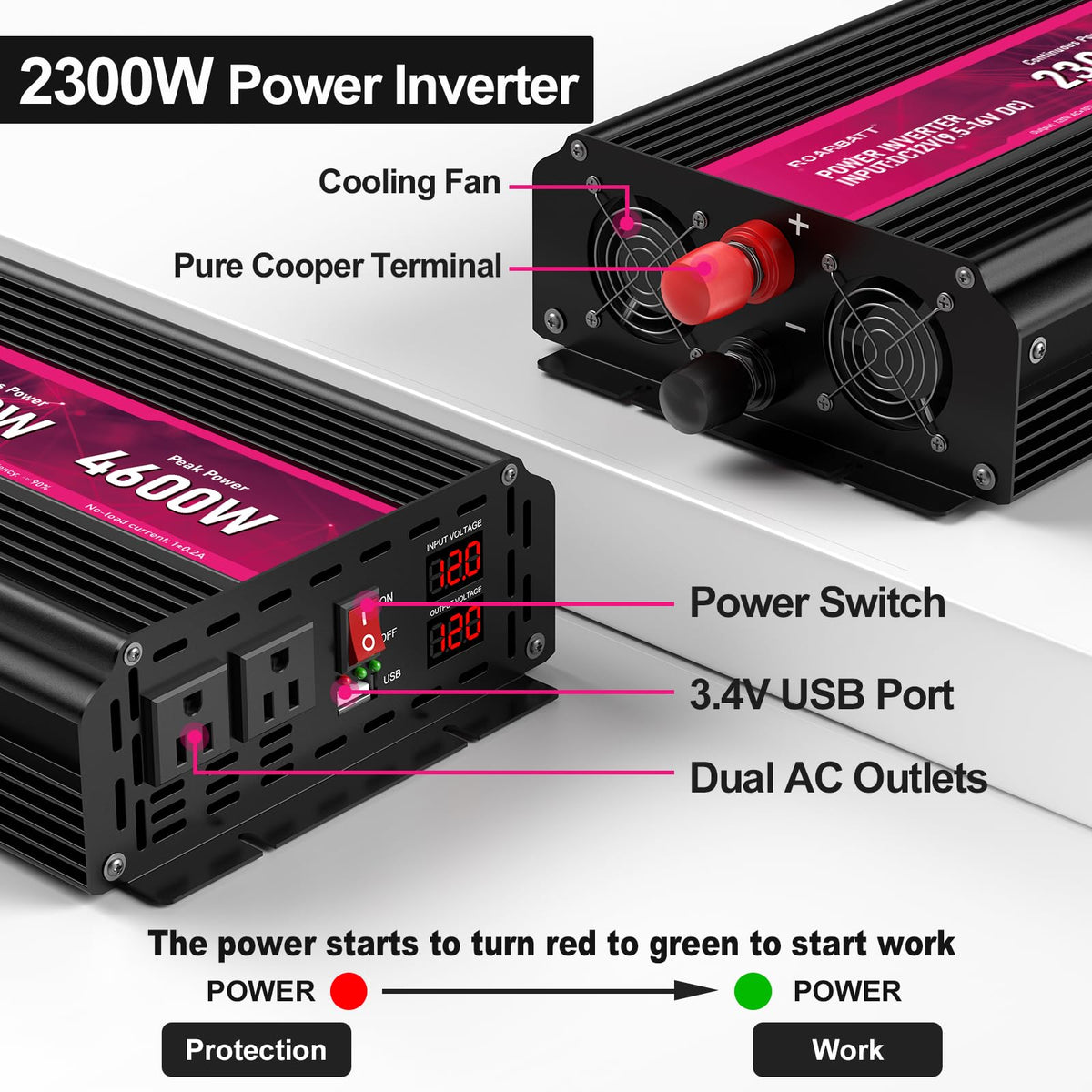 Power Inverter,12V DC to AC 110V120V Peak Power with 2AC Outlets and 2.4USB Port,RV Truck LCD Display Car Inverter for Outdoor Activities,Emergency