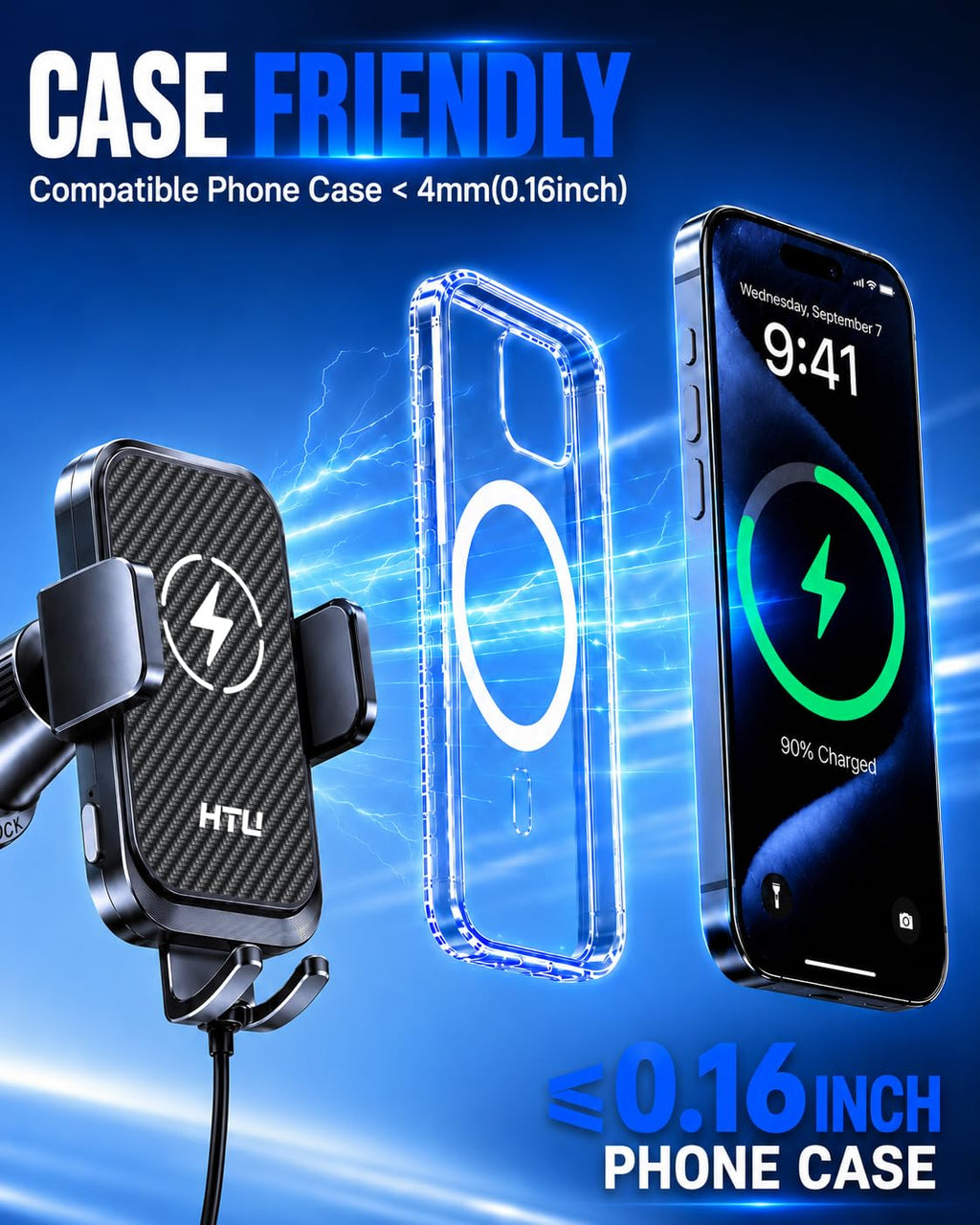 HTU Upgraded 15W Fast Charging Auto-Clamping Wireless Car Charger Mount