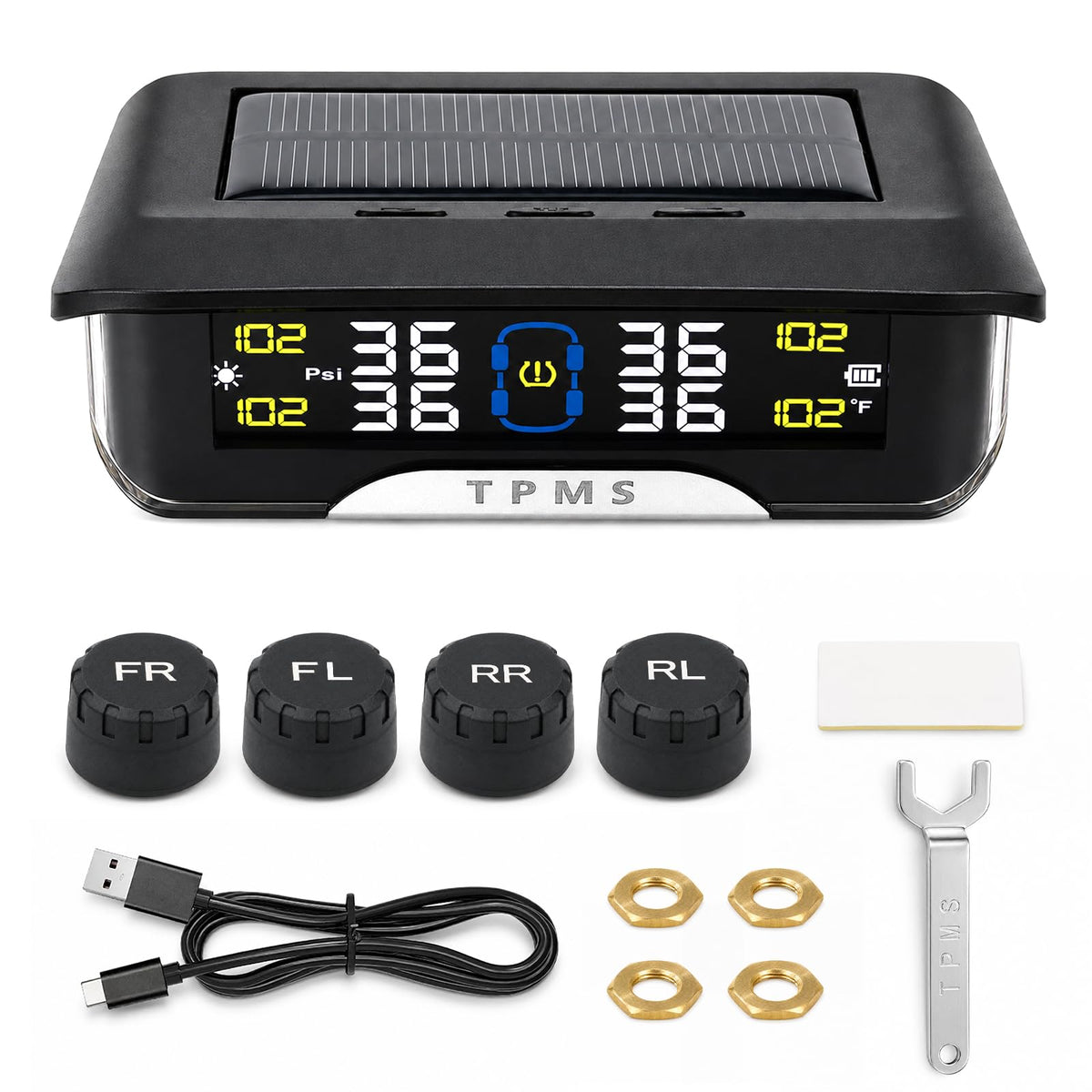 XBNVGP RV Tire Pressure Monitoring System (TPMS) with 4 Sensors, 6 Alarm Modes, Solar & USB Dual Charging, Color LCD Display, 0-144 PSI for Truck SUV MPV Sedan Trailer Fifth Wheel