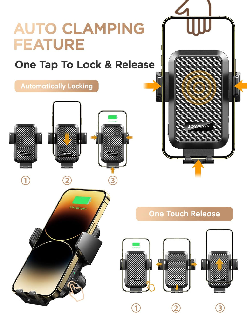 JOYMASS Wireless Car Charger, Phone Holders for Your Car, 15W Auto Clamping Phone Mount Car Accessories for iPhone 16 15 14 13 12 Mini Pro Max 11 XR XS, Samsung Galaxy S24 Ultra S23 S22+
