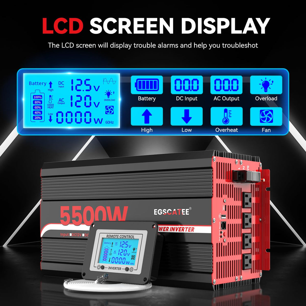 Power Inverter 12V DC to 110V/120V AC Converter Car Inverter with LCD Display, 2 AC Outlets, 3.1A USB Port for RV, Camping,Truck, Boat, Off-Grid Solar System