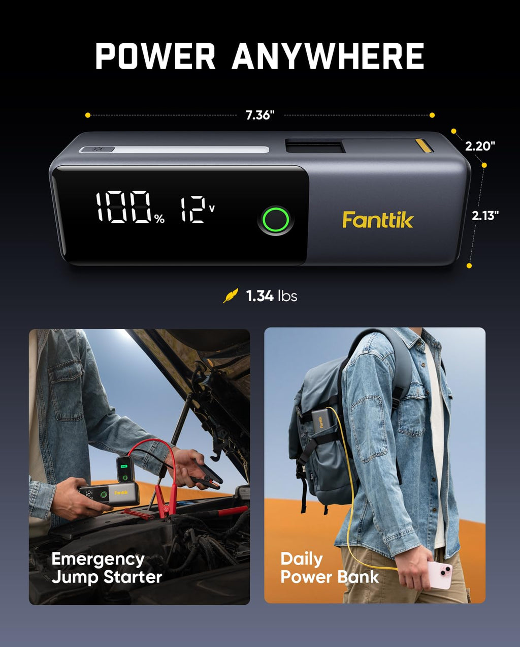 Fanttik Potent T10 1800A Portable Jump Starter for 7.0L Gas and 5.0L Diesel