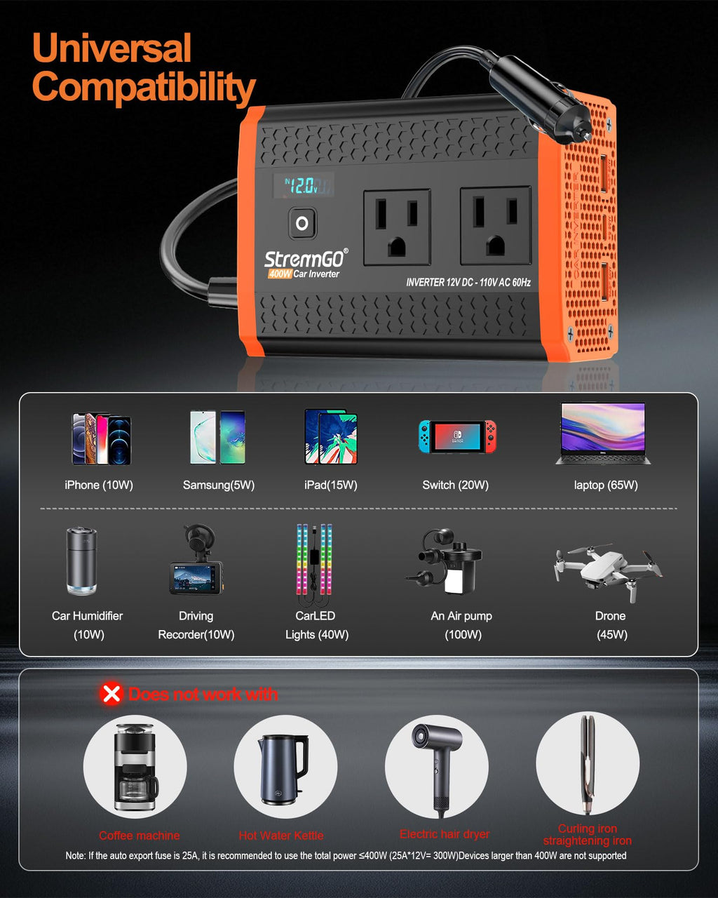 400W Power Inverters for Vehicle Dual AC Car Plug Adapter Outlet