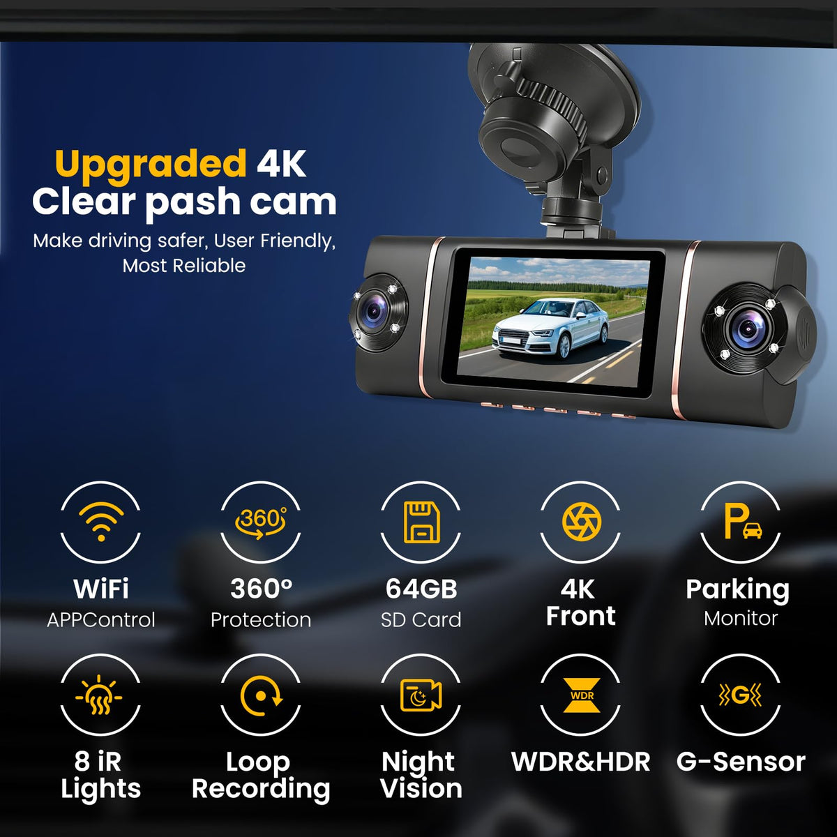 4 Channel Dash Cam 360° View Front Rear Inside & Left Right,4K+1080P*3 FHD Car Camera,5 GHz WiFi & APP Control,8 IR Lamps Night Vision, G-Sensor, 24H Parking Mode, Includes 64GB SD Card.