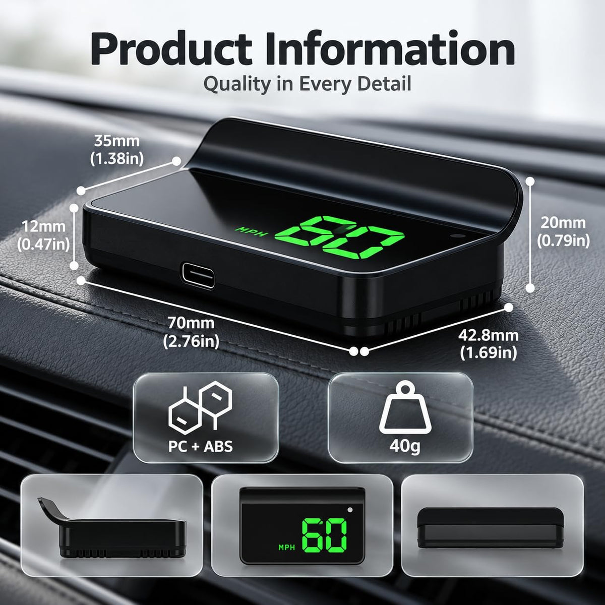 Heads up Display for Cars,Car HUD,Head up Display for Car,Digital GPS HUD Speedometer,USB Cable Plug and Play,Automatic Brightness Adjustment,Large Font Display