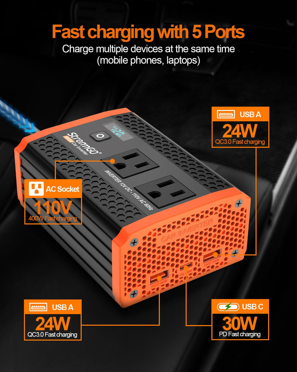 400W Power Inverters for Vehicle Dual AC Car Plug Adapter Outlet