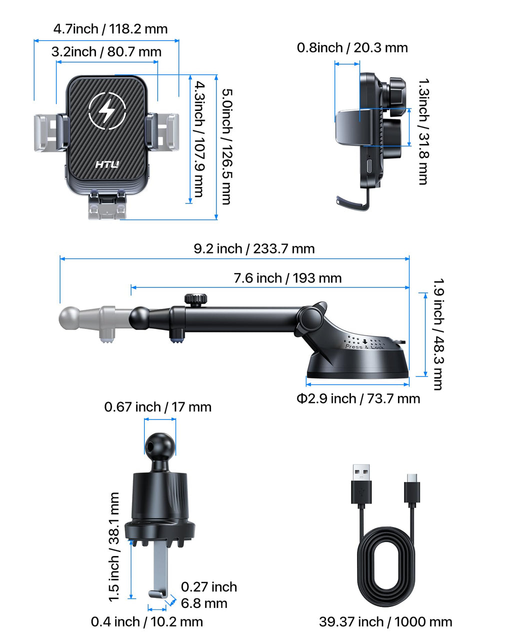 HTU Upgraded 15W Fast Charging Auto-Clamping Wireless Car Charger Mount