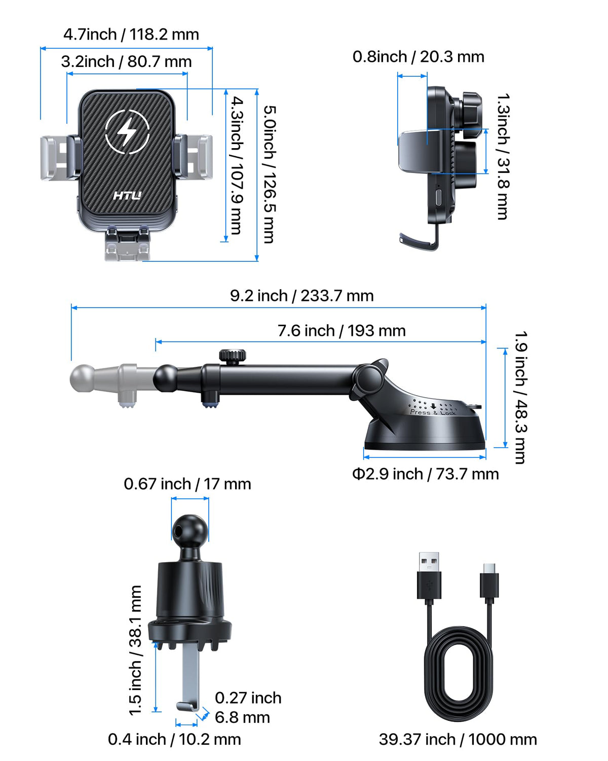 HTU Upgraded 15W Fast Charging Auto-Clamping Wireless Car Charger Mount