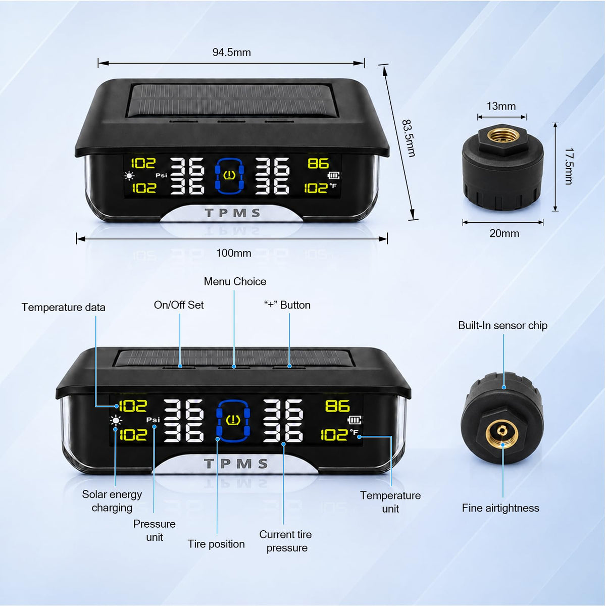 XBNVGP RV Tire Pressure Monitoring System (TPMS) with 4 Sensors, 6 Alarm Modes, Solar & USB Dual Charging, Color LCD Display, 0-144 PSI for Truck SUV MPV Sedan Trailer Fifth Wheel