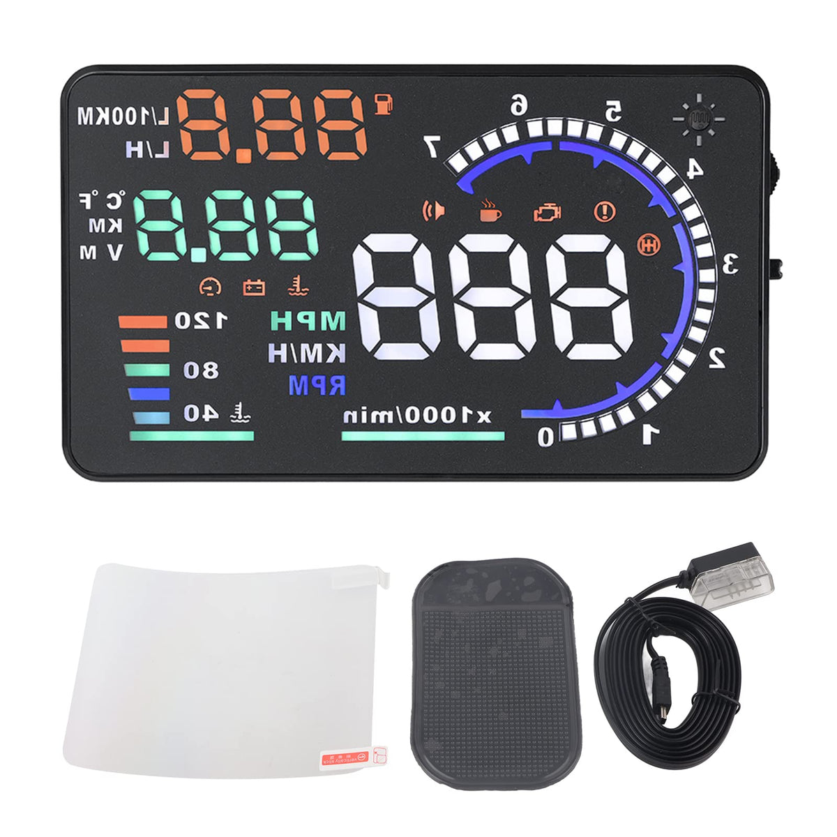 5.5'' HUD Head Display Multi-Color Windshield Screen Projector Vehicle Speed, Vehicle Hud Overspeed Alarm, Display Km/h MPH, OBDII/EUOBD Interface Plug Hud Display Car