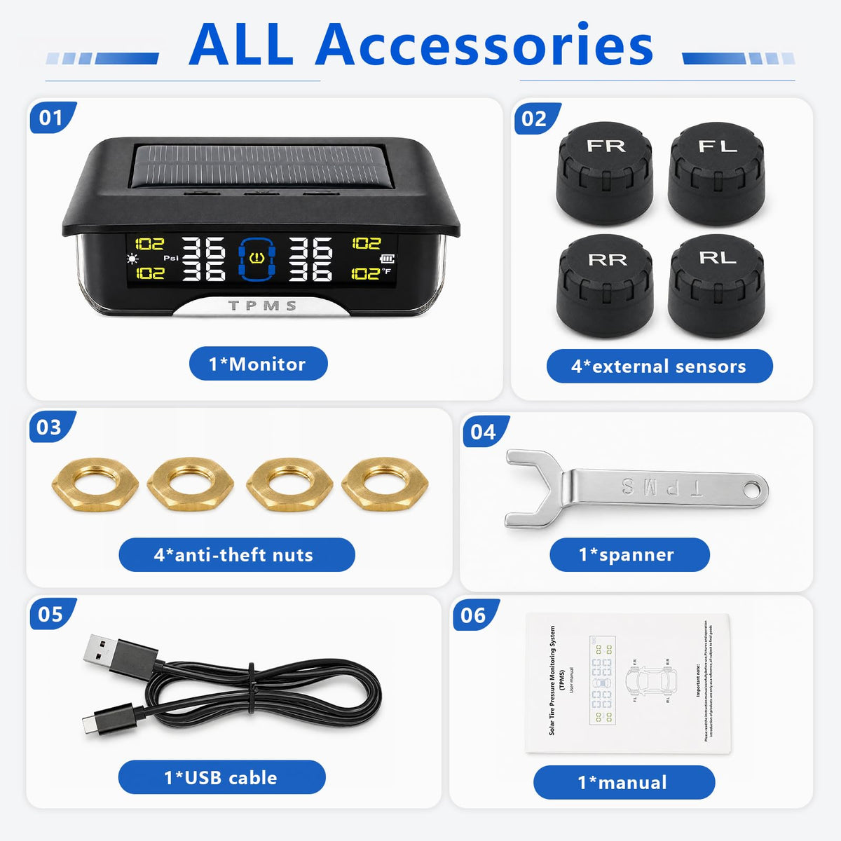 XBNVGP RV Tire Pressure Monitoring System (TPMS) with 4 Sensors, 6 Alarm Modes, Solar & USB Dual Charging, Color LCD Display, 0-144 PSI for Truck SUV MPV Sedan Trailer Fifth Wheel