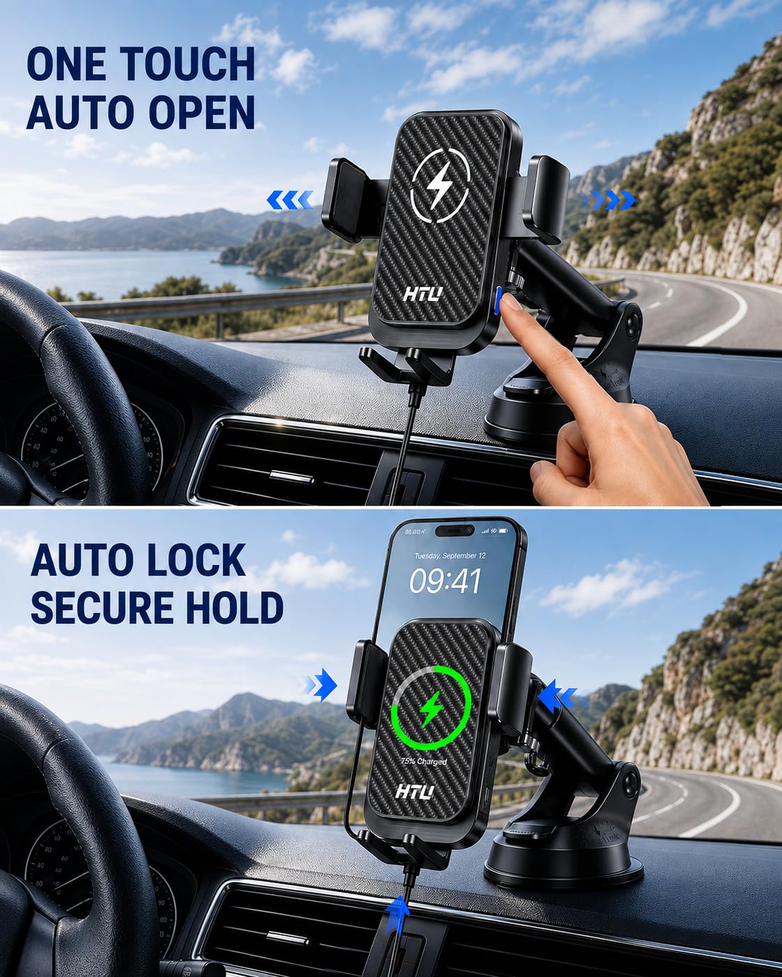 HTU Upgraded 15W Fast Charging Auto-Clamping Wireless Car Charger Mount
