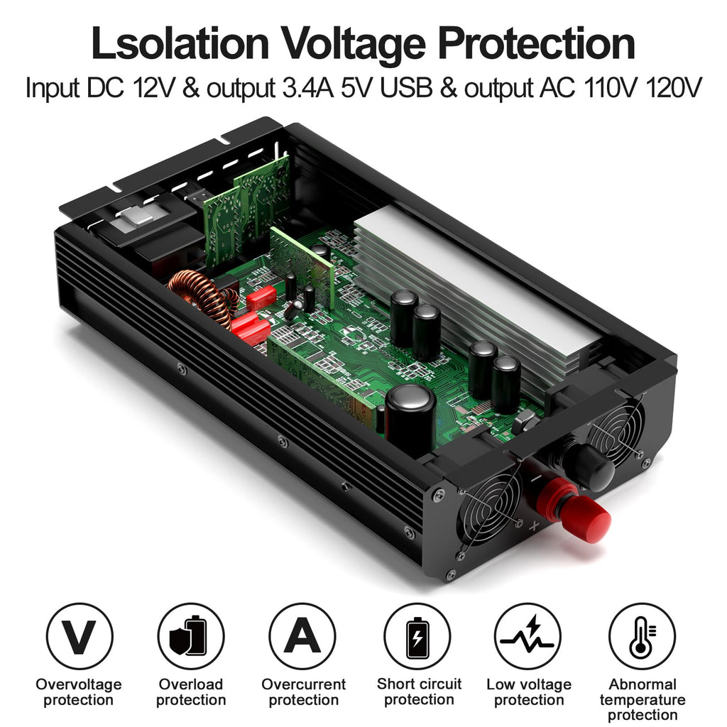 Power Inverter,12V DC to AC 110V120V Peak Power with 2AC Outlets and 2.4USB Port,RV Truck LCD Display Car Inverter for Outdoor Activities,Emergency