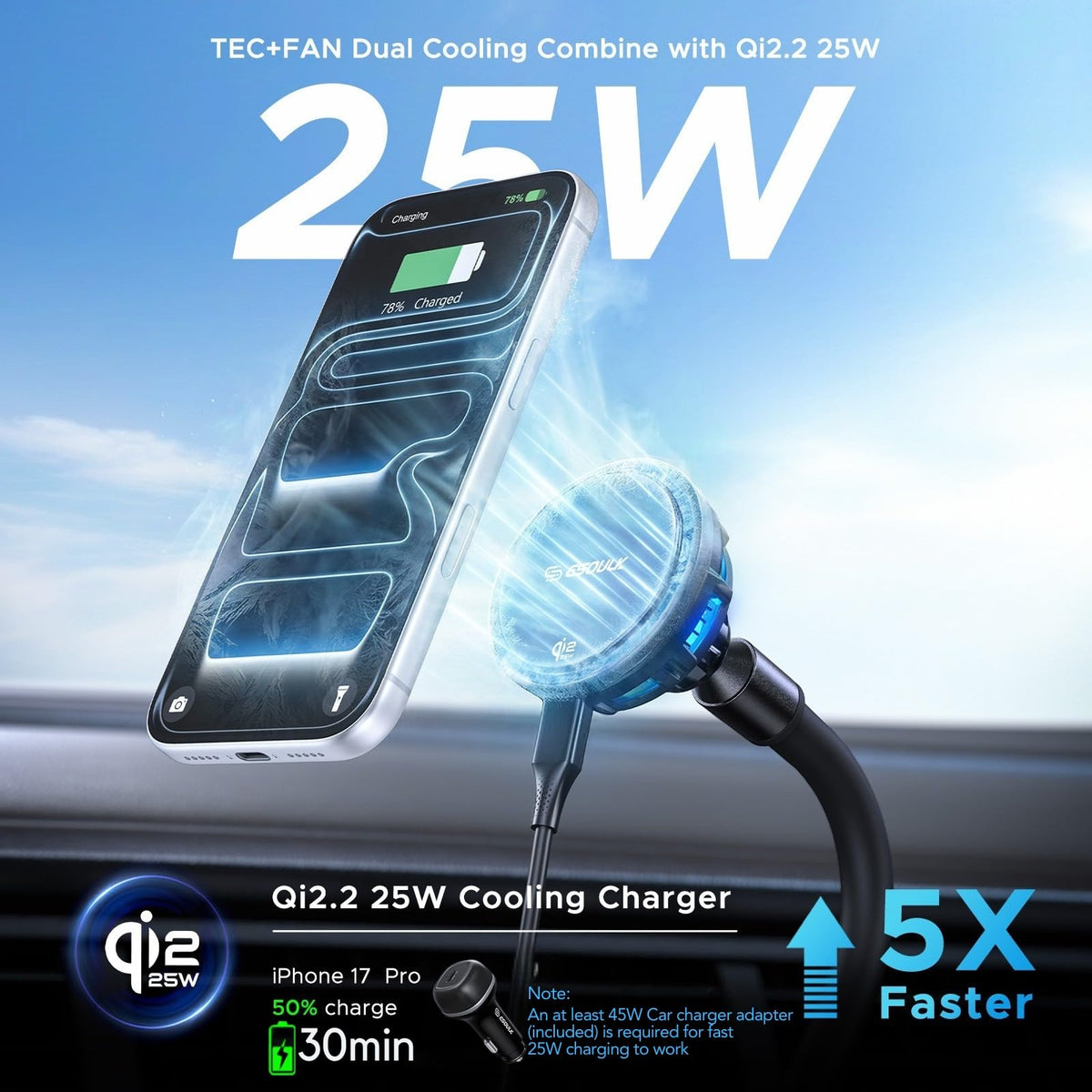 Qi2 25W Wireless Car Charger with Cooling Mount