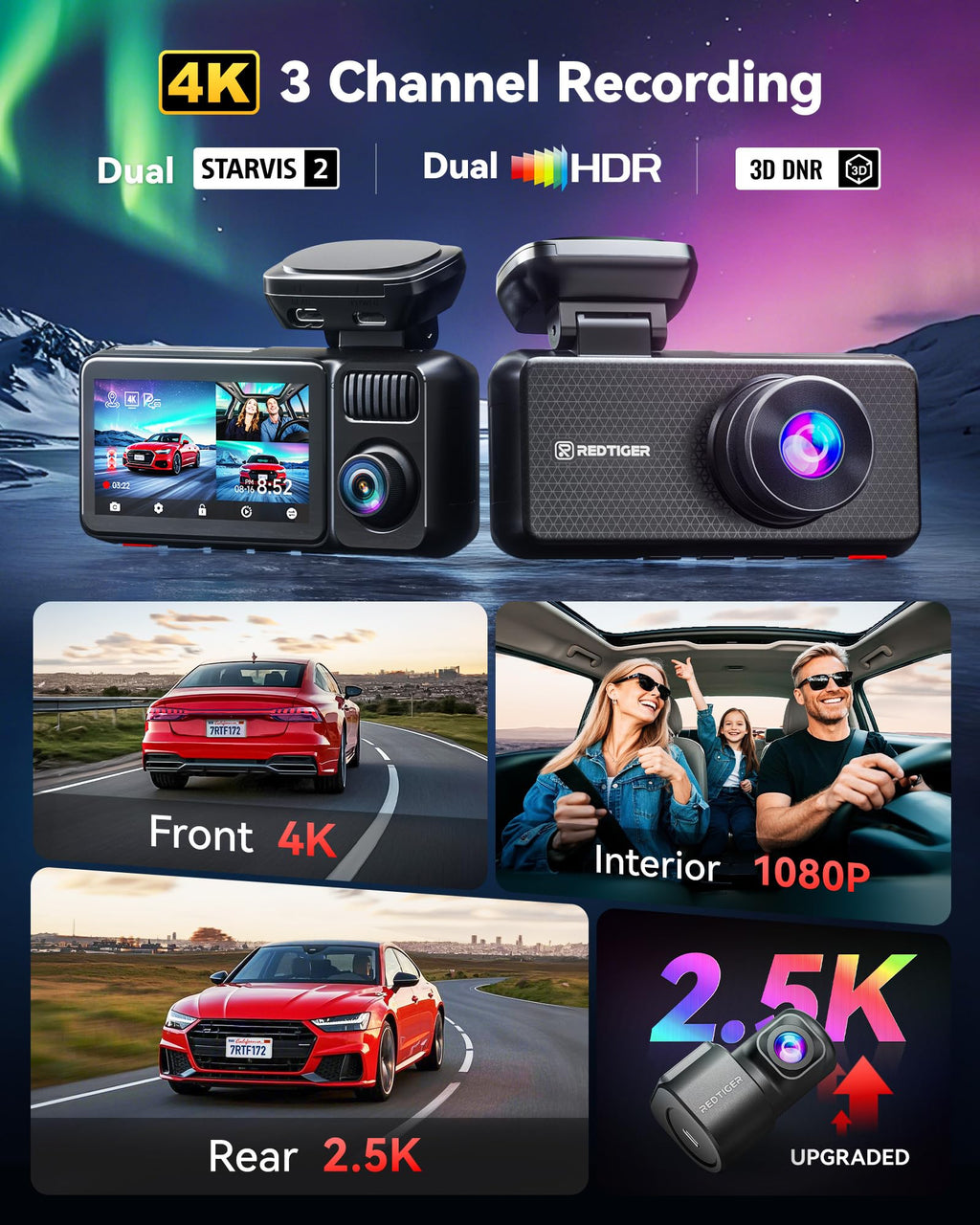 REDTIGER F17 Elite 4K Dash Cam 3 Channel, STARVIS 2 IMX678 & IMX675, 128GB Card, Full Night Color, 4K+2.5K+1080P Front and Rear Inside, Voice Control, 5GHz WiFi-30MB/s Download