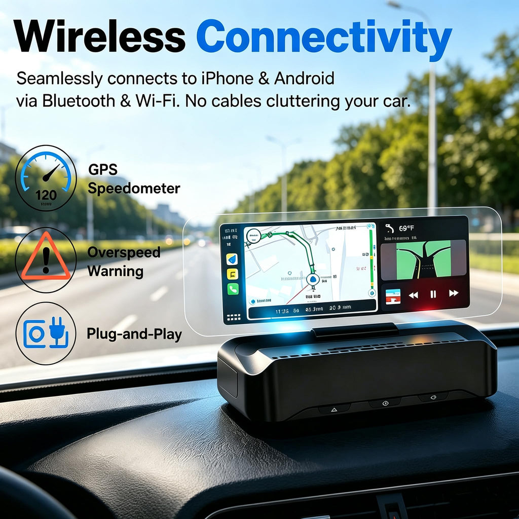 Upgraded HUD Head-up Display. High-Definition Display, Wireless CarPlay and Android Auto, Diagnostic Functions, Speed‑Alert Feature, Plug‑and‑Play Navigation System, and OBD Vehicle Instrument Panel.