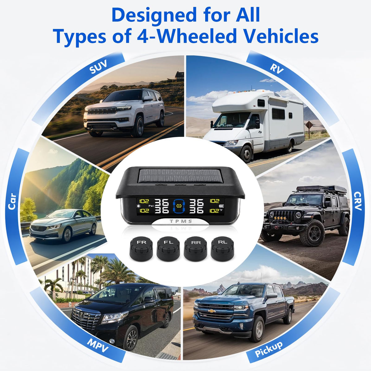XBNVGP RV Tire Pressure Monitoring System (TPMS) with 4 Sensors, 6 Alarm Modes, Solar & USB Dual Charging, Color LCD Display, 0-144 PSI for Truck SUV MPV Sedan Trailer Fifth Wheel