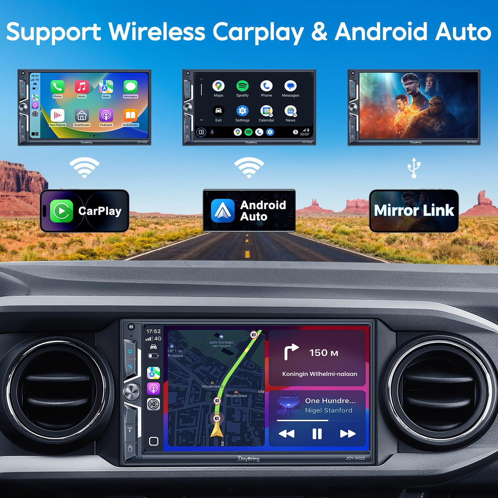 SJoyBring Upgrade Wireless Double Din Car Stereo with CarPlay, Android Auto, Bluetooth, 4-Channel RCA，Car Radio Receiver