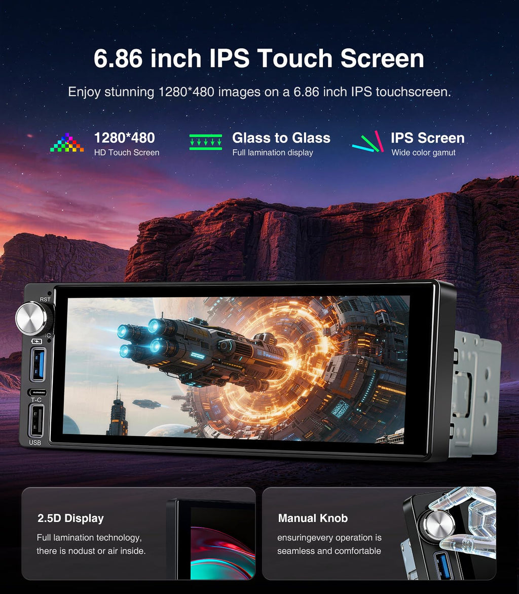 Single Din Car Stereo Radio with Wireless Carplay Android Auto, 6.9" 1080P HD Touchscreen Linux Head Unit