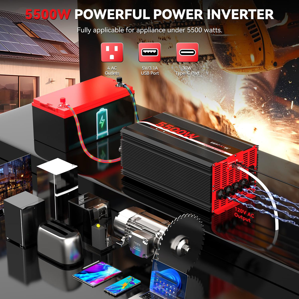Power Inverter 12V DC to 110V/120V AC Converter Car Inverter with LCD Display, 2 AC Outlets, 3.1A USB Port for RV, Camping,Truck, Boat, Off-Grid Solar System
