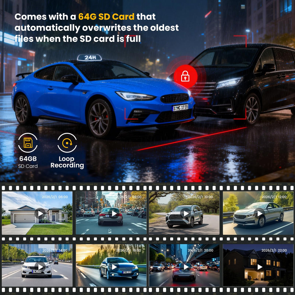 4 Channel Dash Cam 360° View Front Rear Inside & Left Right,4K+1080P*3 FHD Car Camera,5 GHz WiFi & APP Control,8 IR Lamps Night Vision, G-Sensor, 24H Parking Mode, Includes 64GB SD Card.