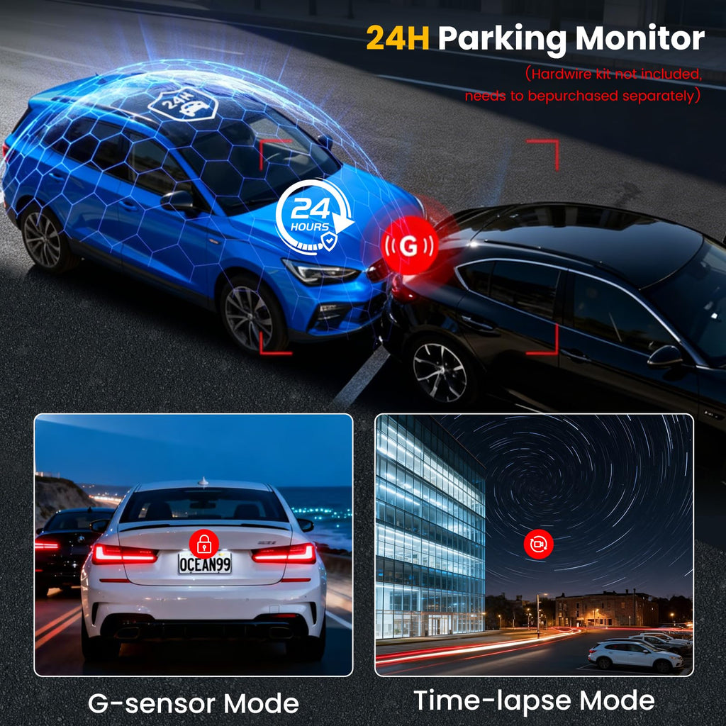 4 Channel Dash Cam 360° View Front Rear Inside & Left Right,4K+1080P*3 FHD Car Camera,5 GHz WiFi & APP Control,8 IR Lamps Night Vision, G-Sensor, 24H Parking Mode, Includes 64GB SD Card.
