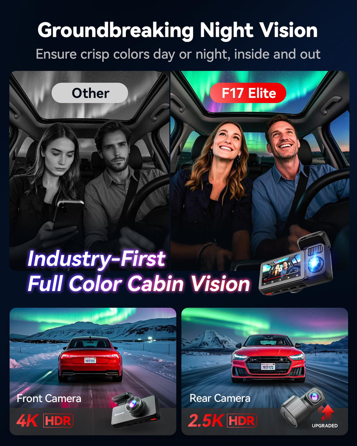 REDTIGER F17 Elite 4K Dash Cam 3 Channel, STARVIS 2 IMX678 & IMX675, 128GB Card, Full Night Color, 4K+2.5K+1080P Front and Rear Inside, Voice Control, 5GHz WiFi-30MB/s Download