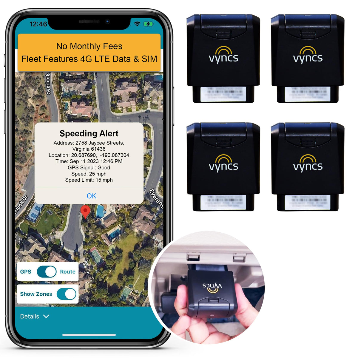 VyncsFleet: GPS Tracker No Monthly Fee, 4G LTE OBD, Real Time Fleet Car/Truck Tracking, SIM, Free 1 Year Data Plan, Trips, Vehicle Diagnostics, Driver Safety Alerts, Fuel Report, Emission Report