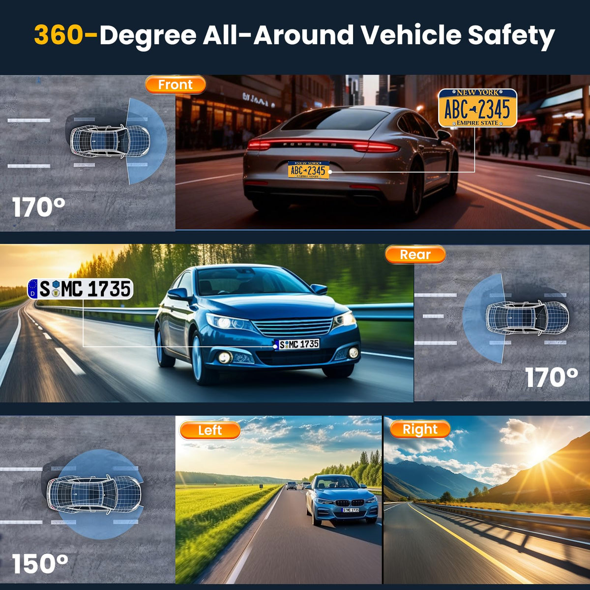 4 Channel Dash Cam 360° View Front Rear Inside & Left Right,4K+1080P*3 FHD Car Camera,5 GHz WiFi & APP Control,8 IR Lamps Night Vision, G-Sensor, 24H Parking Mode, Includes 64GB SD Card.