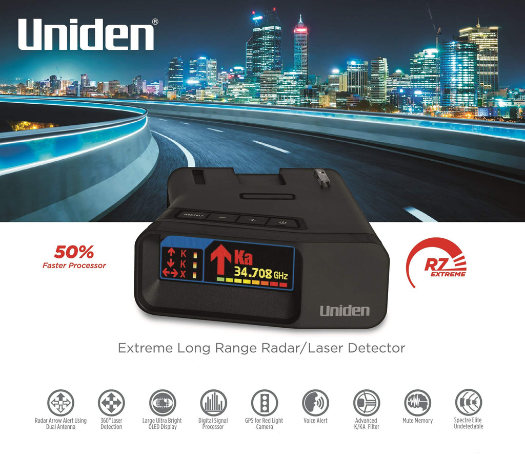 Uniden R7 Extreme Long Range Laser/Radar Detector, Built-in GPS w/Real-Time Alerts, Dual-Antennas Front & Rear w/Directional Arrows, Voice Alerts, Red Light Camera and Speed Camera Alerts