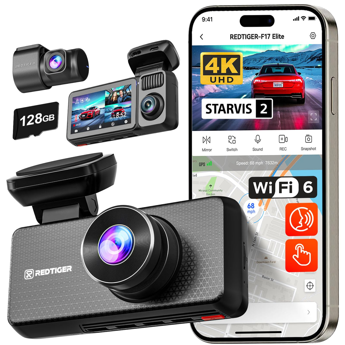 REDTIGER F17 Elite 4K Dash Cam 3 Channel, STARVIS 2 IMX678 & IMX675, 128GB Card, Full Night Color, 4K+2.5K+1080P Front and Rear Inside, Voice Control, 5GHz WiFi-30MB/s Download