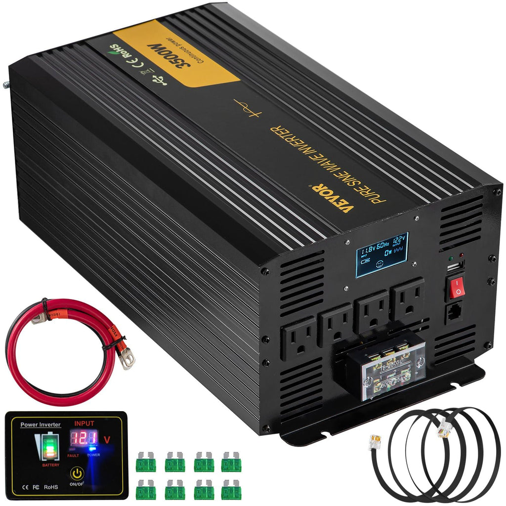 VEVOR Pure Sine Wave Inverter, 1000W 1500W 2000W 2500W 3000W 3500W 4000W 5000W, DC 12V to AC 120V Power Inverter, with Remote Controller, for RV Truck Car Solar System Travel Camping